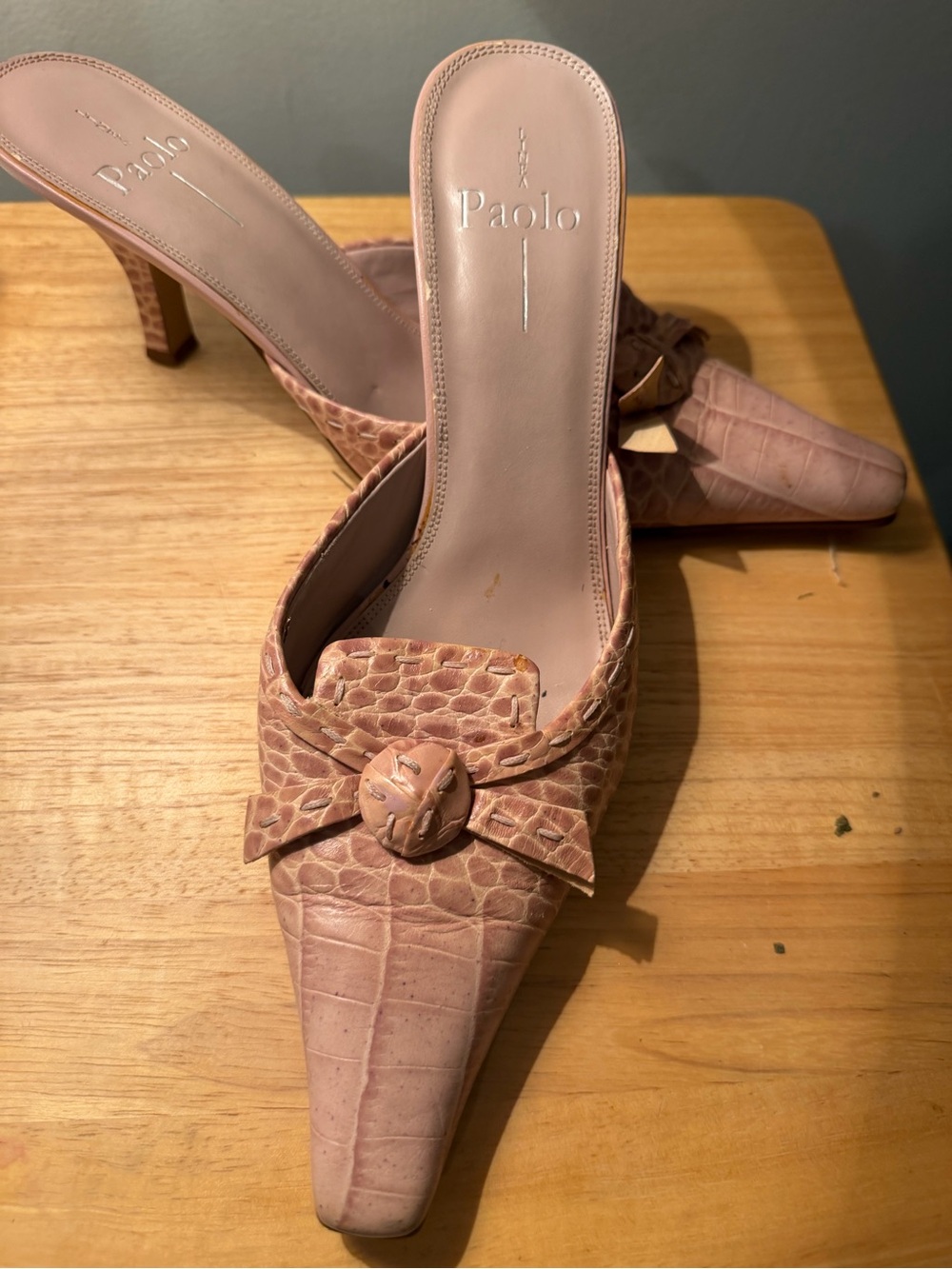 Paolo Blush Croc-Embossed Knot Mule Heels